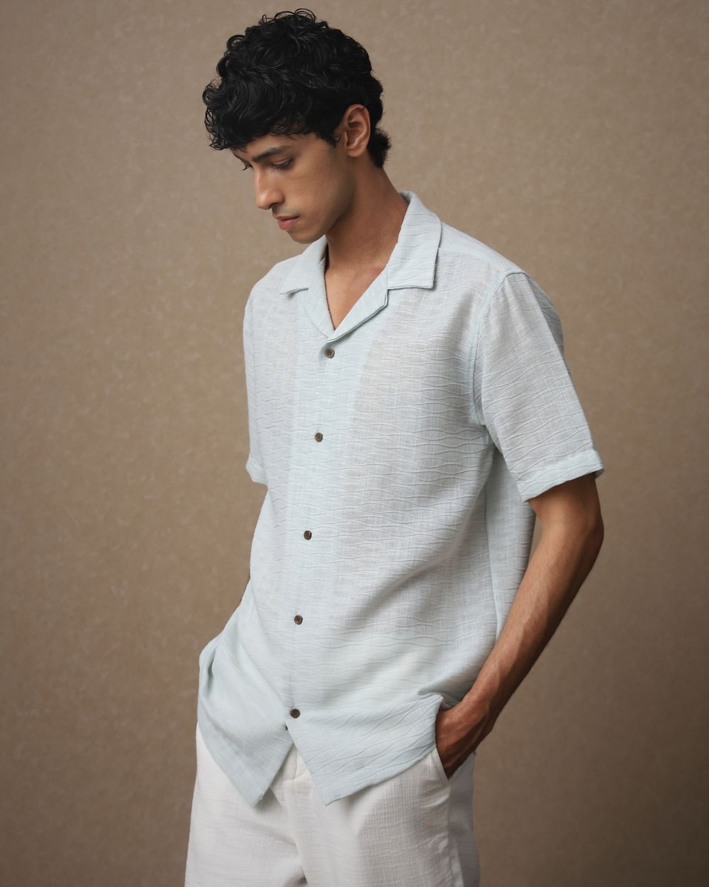 Light Blue Textured Dobby Loose Fit Casual Shirt