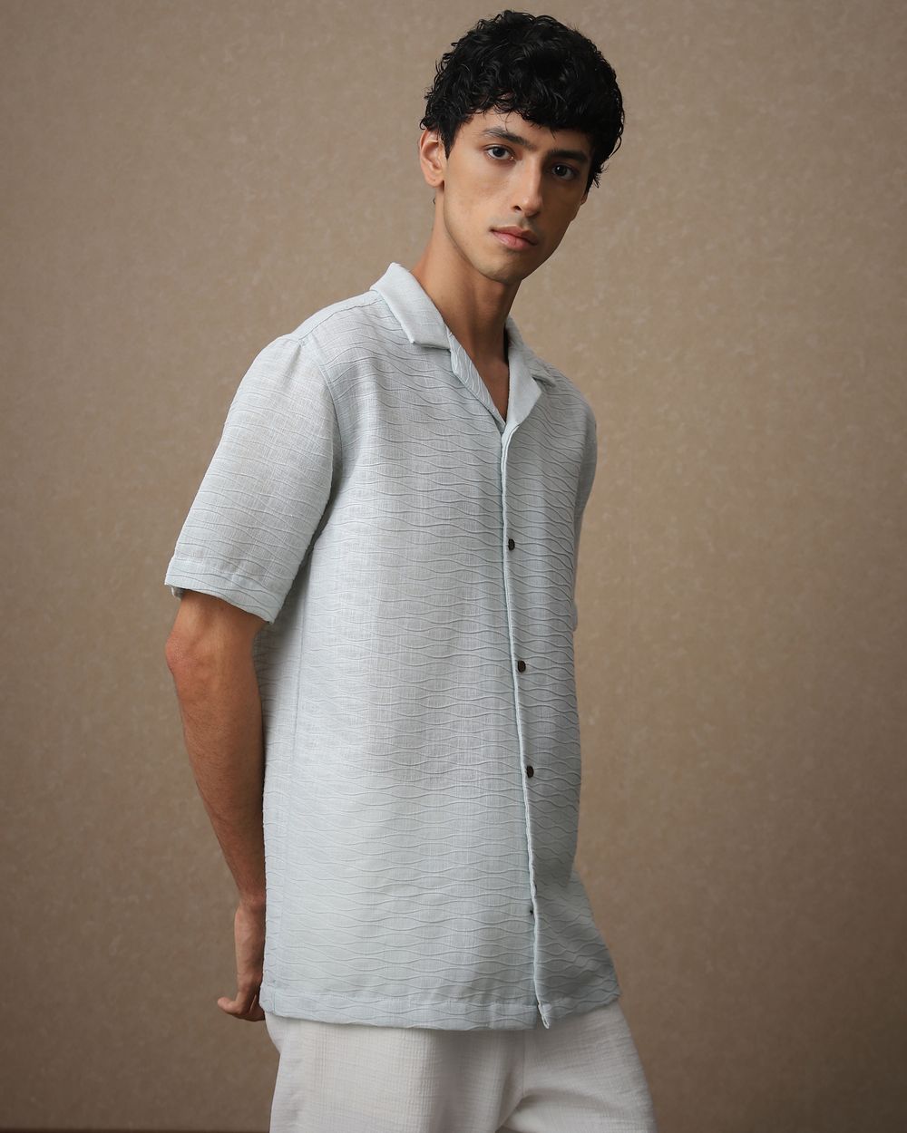 Light Blue Textured Dobby Loose Fit Casual Shirt