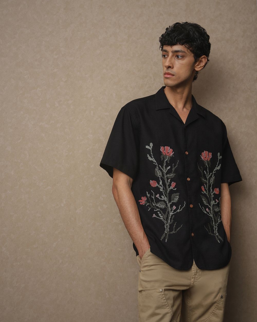 Black Embroidered Dobby Loose Fit Casual Shirt