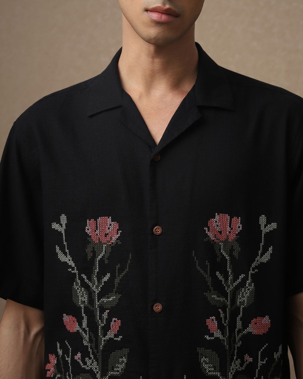 Black Embroidered Dobby Loose Fit Casual Shirt