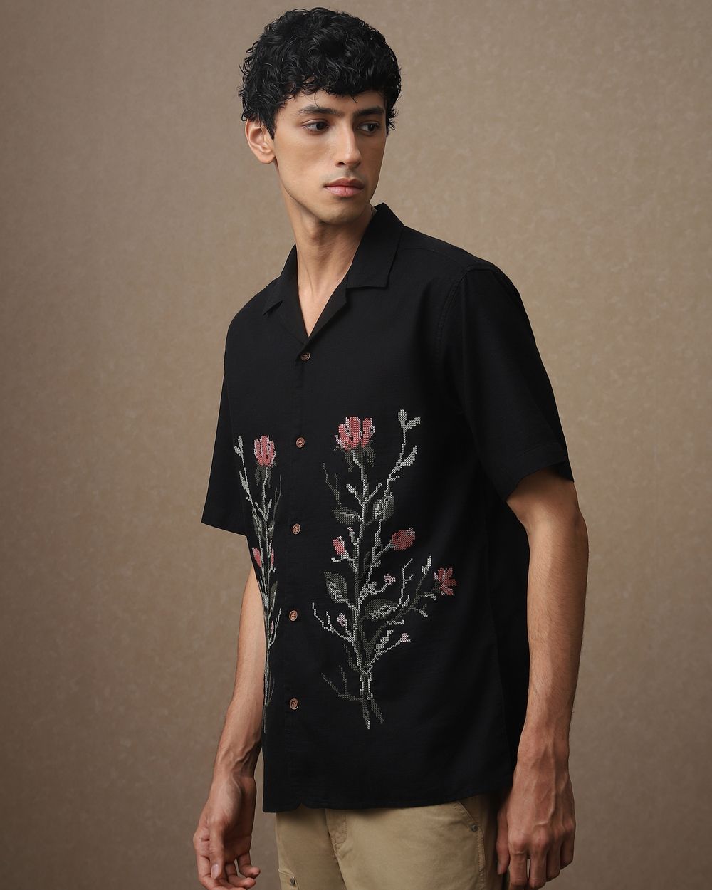 Black Embroidered Dobby Loose Fit Casual Shirt