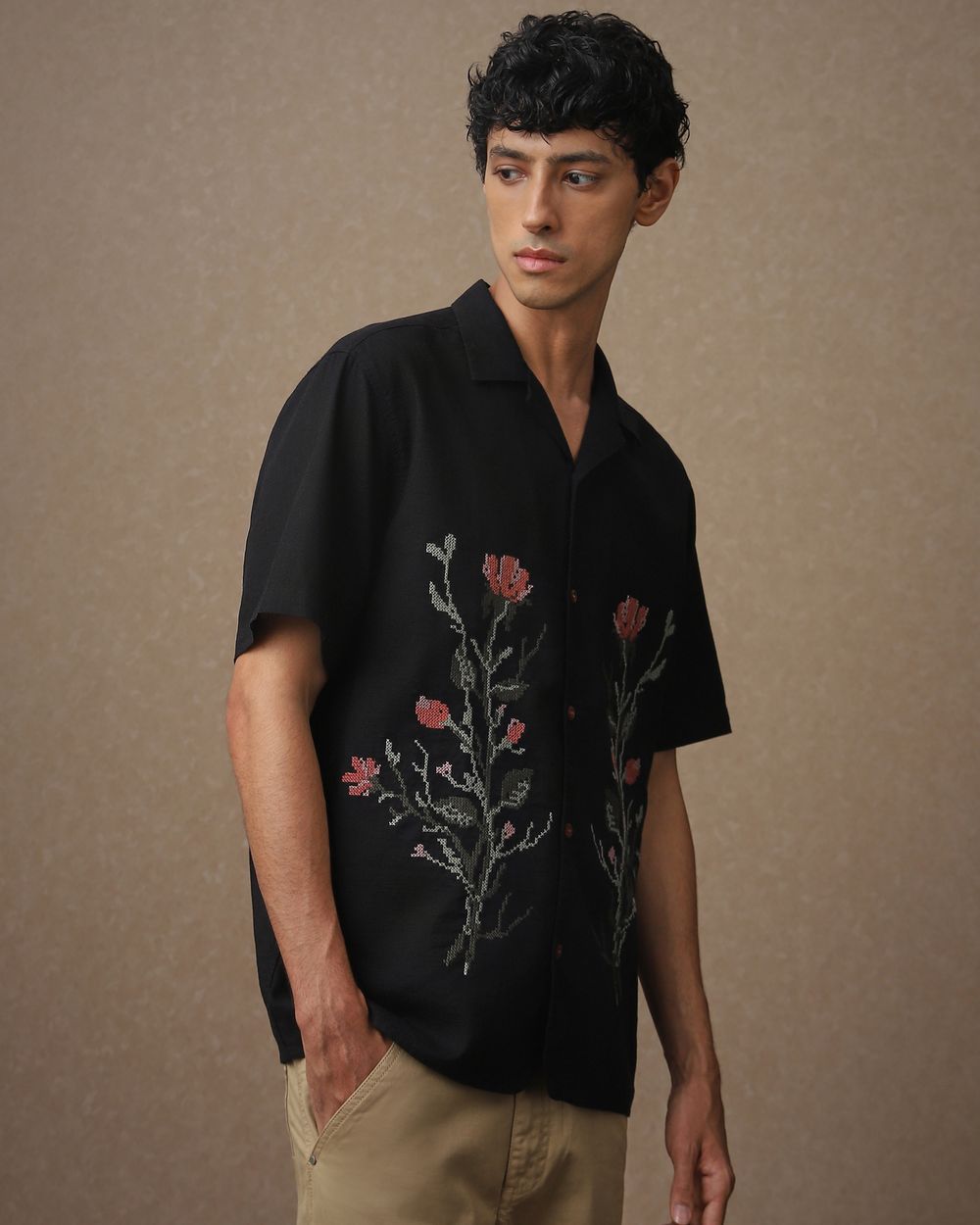 Black Embroidered Dobby Loose Fit Casual Shirt
