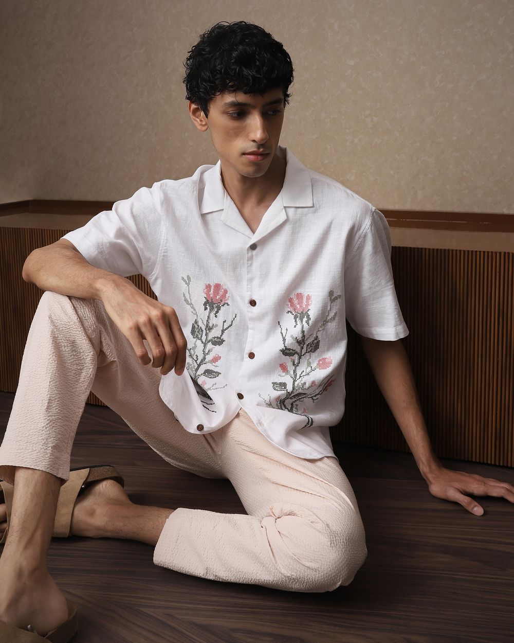 White Embroidered Dobby Loose Fit Casual Shirt