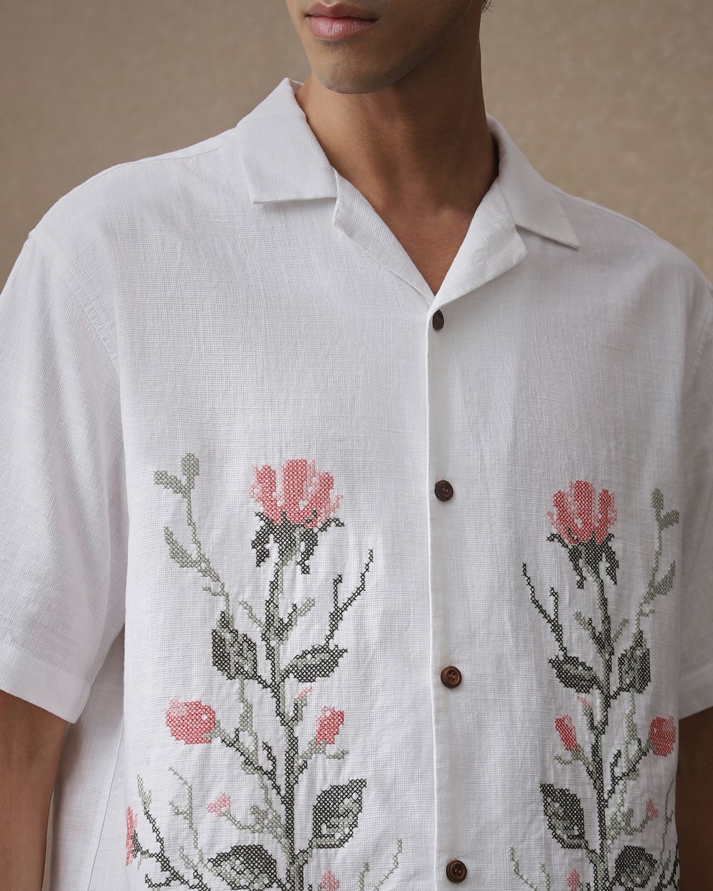 White Embroidered Dobby Loose Fit Casual Shirt