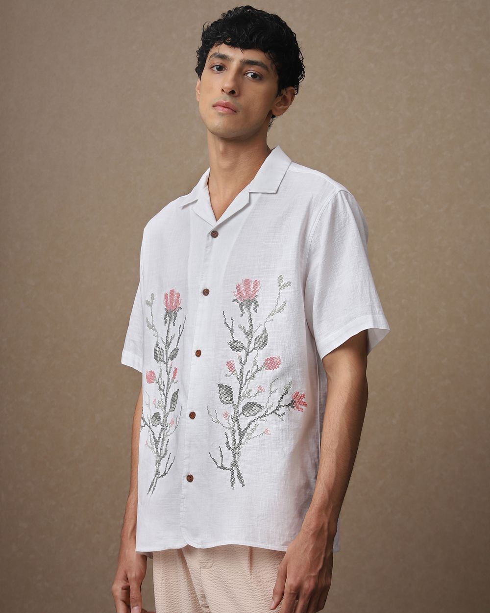 White Embroidered Dobby Loose Fit Casual Shirt
