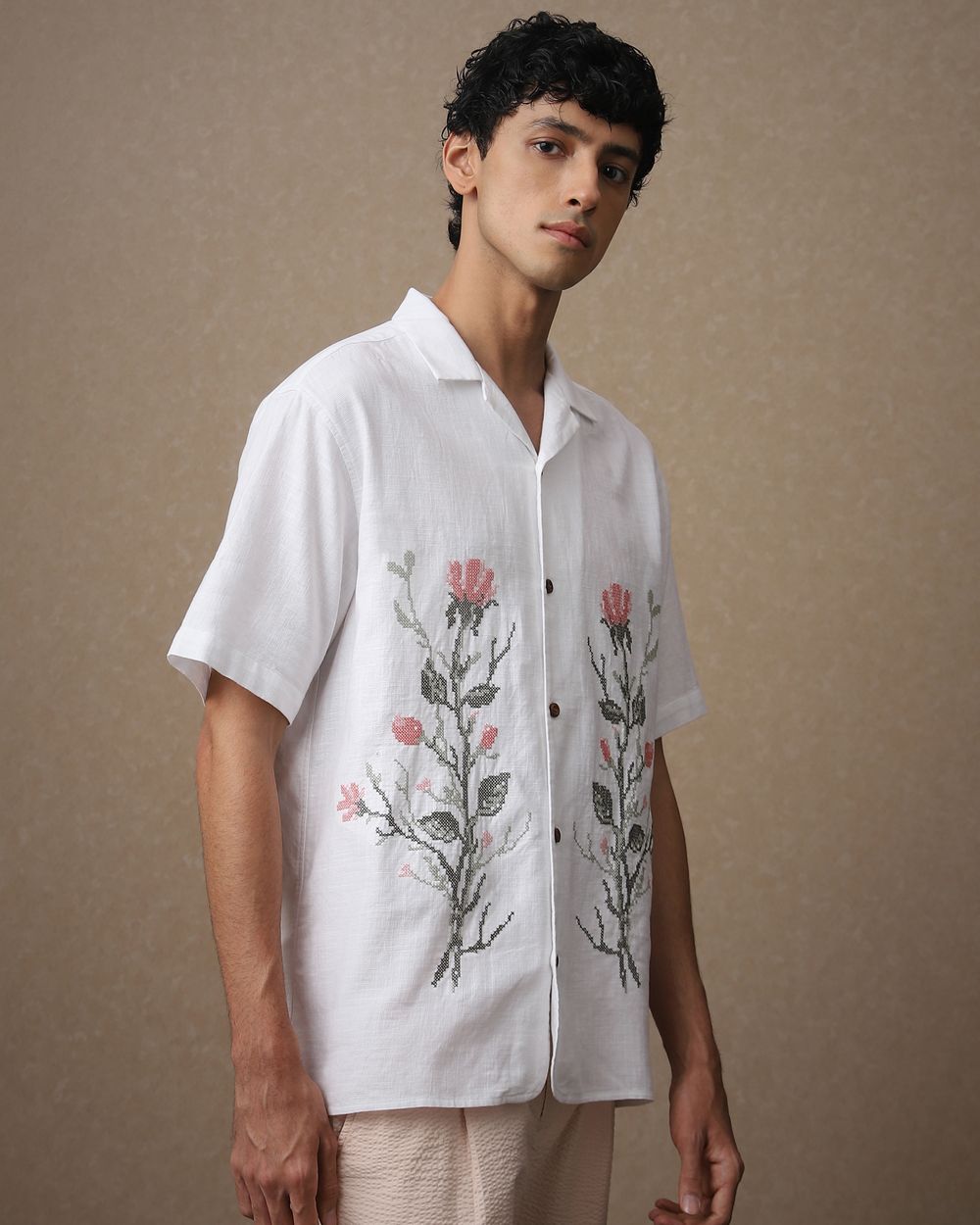 White Embroidered Dobby Loose Fit Casual Shirt