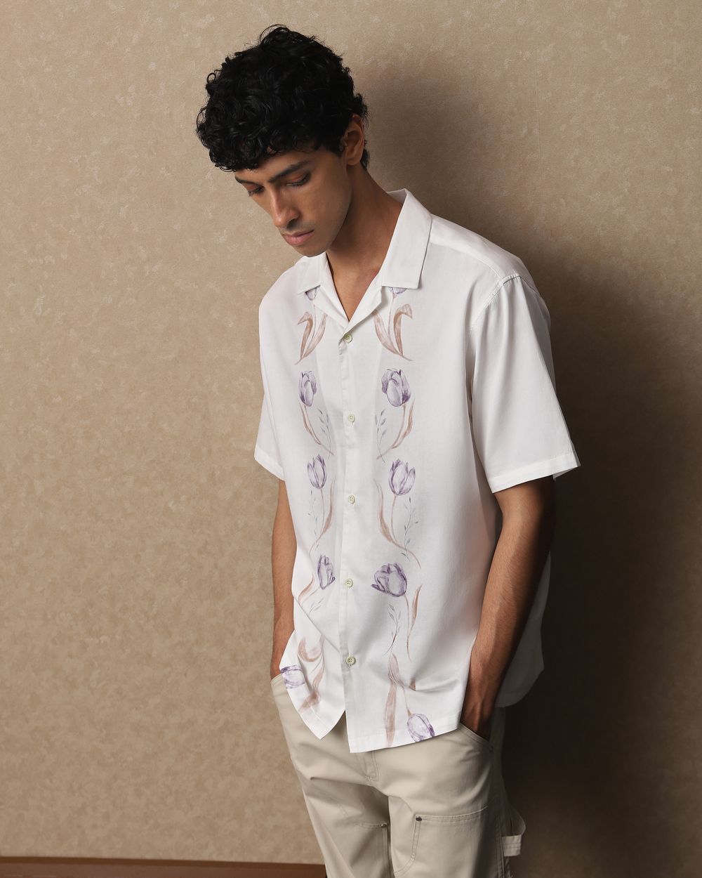 Off White Resort Print Loose Fit Casual Shirt