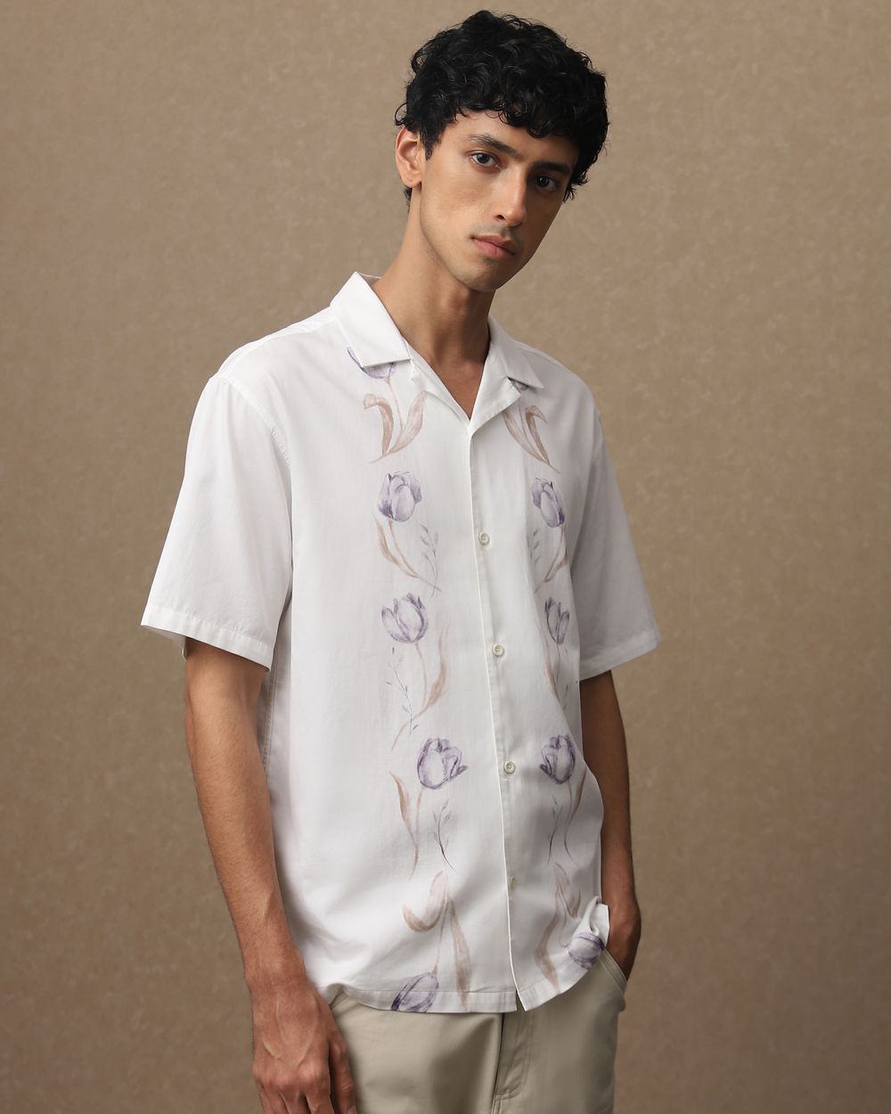 Off White Resort Print Loose Fit Casual Shirt