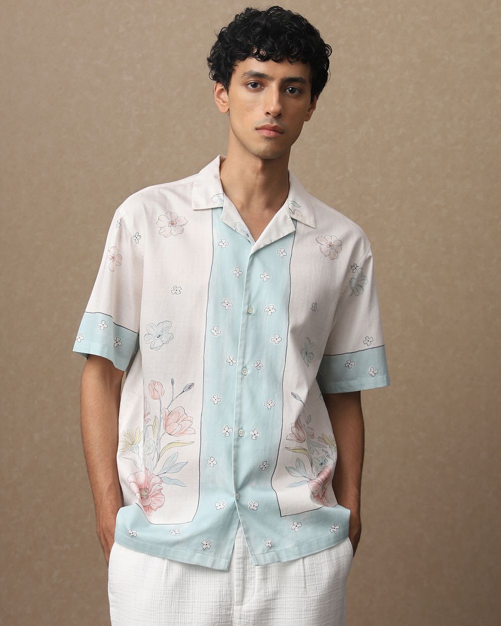 Off White Resort Print Loose Fit Casual Shirt
