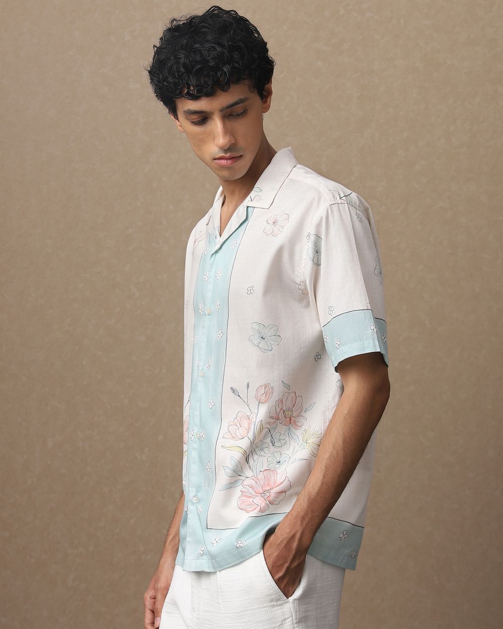 Off White Resort Print Loose Fit Casual Shirt
