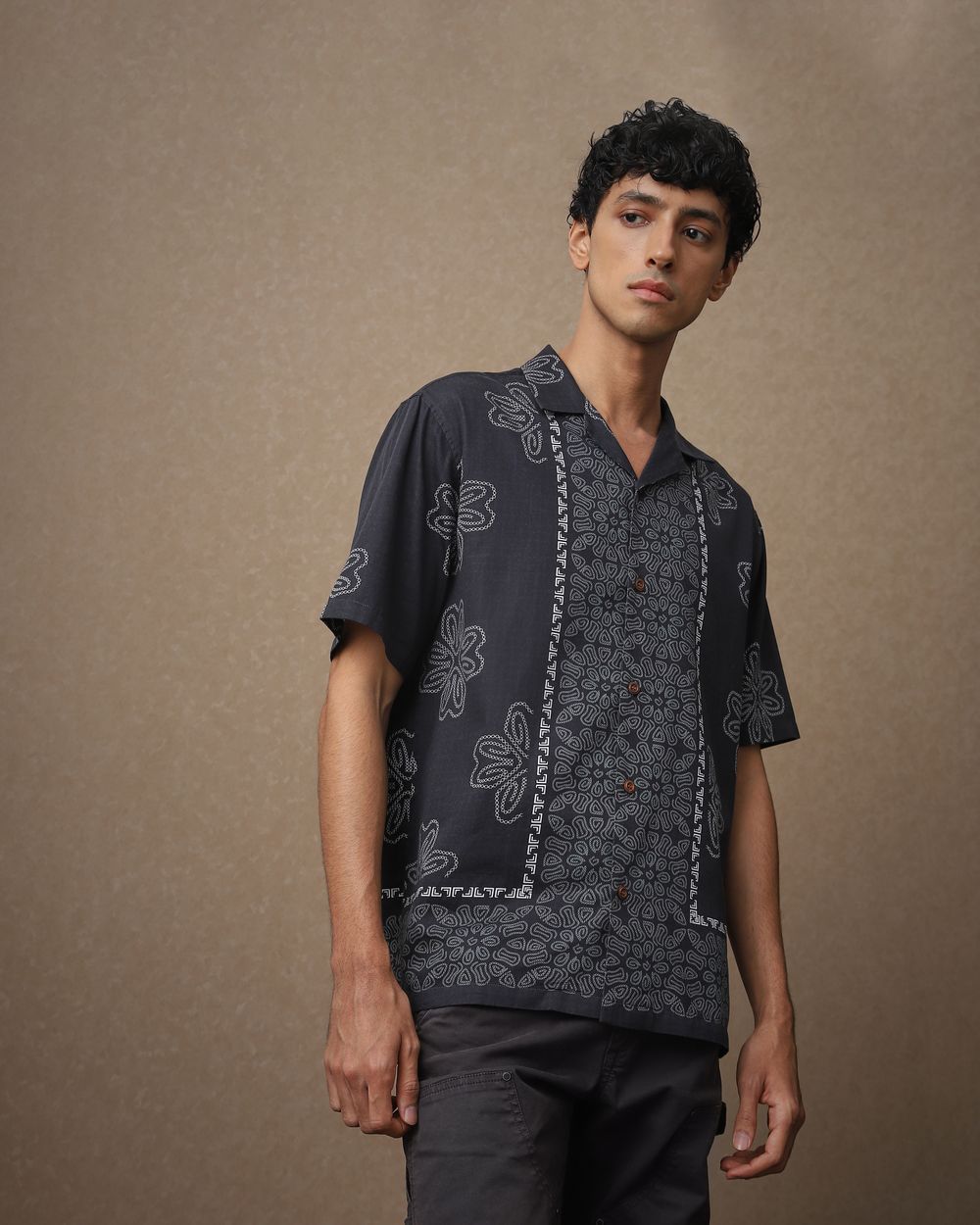 Charcoal Resort Print Loose Fit Casual Shirt