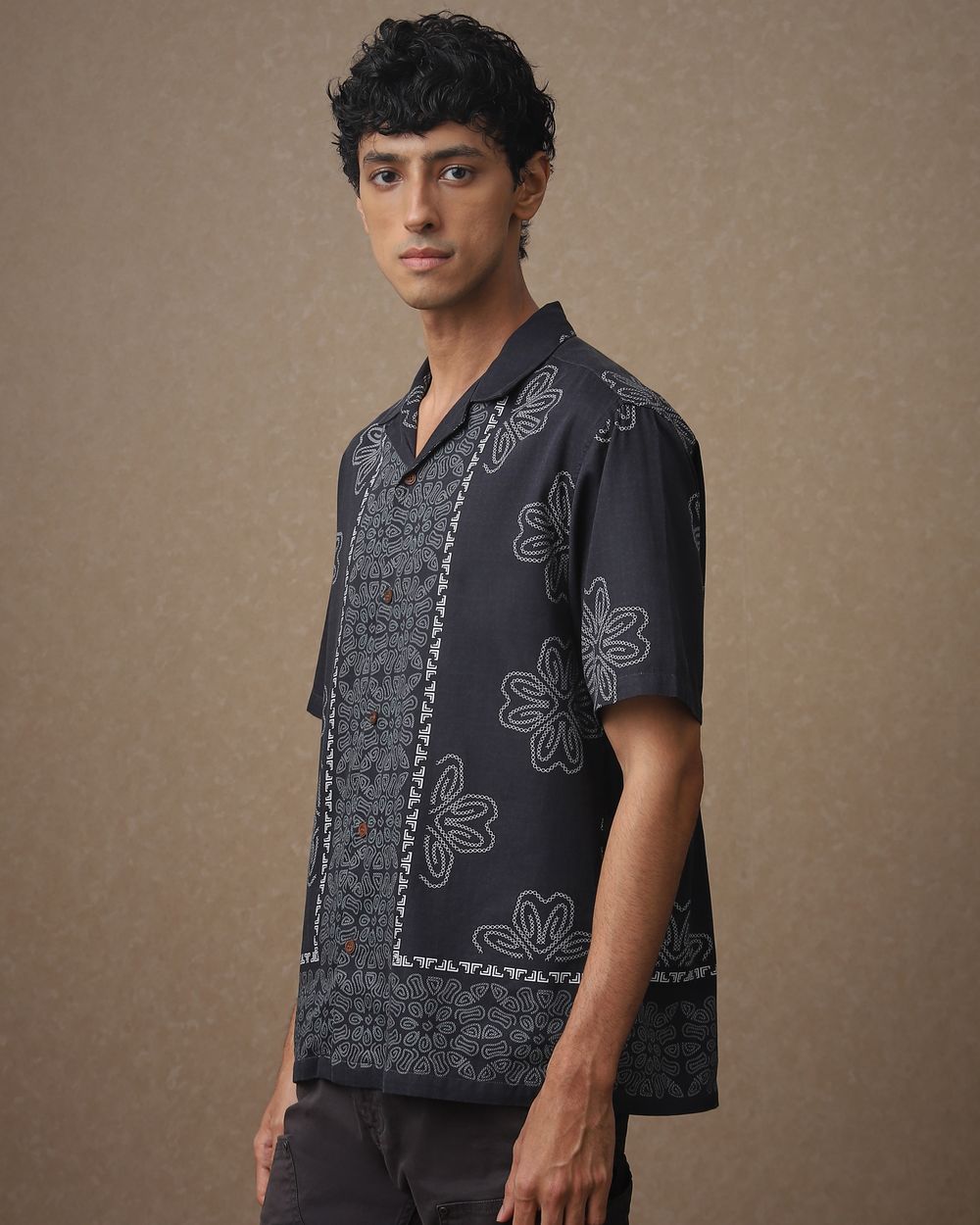 Charcoal Resort Print Loose Fit Casual Shirt