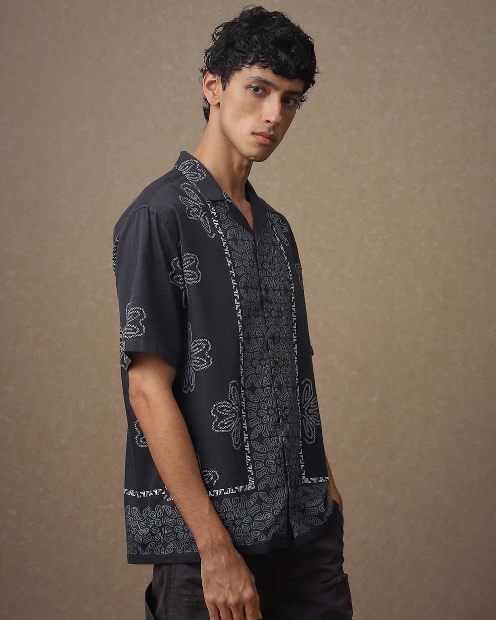 Charcoal Resort Print Loose Fit Casual Shirt