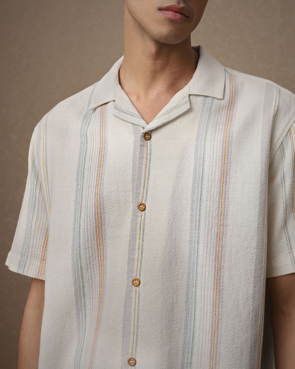 Off White Textured Stripe Loose Fit Casual Shirt