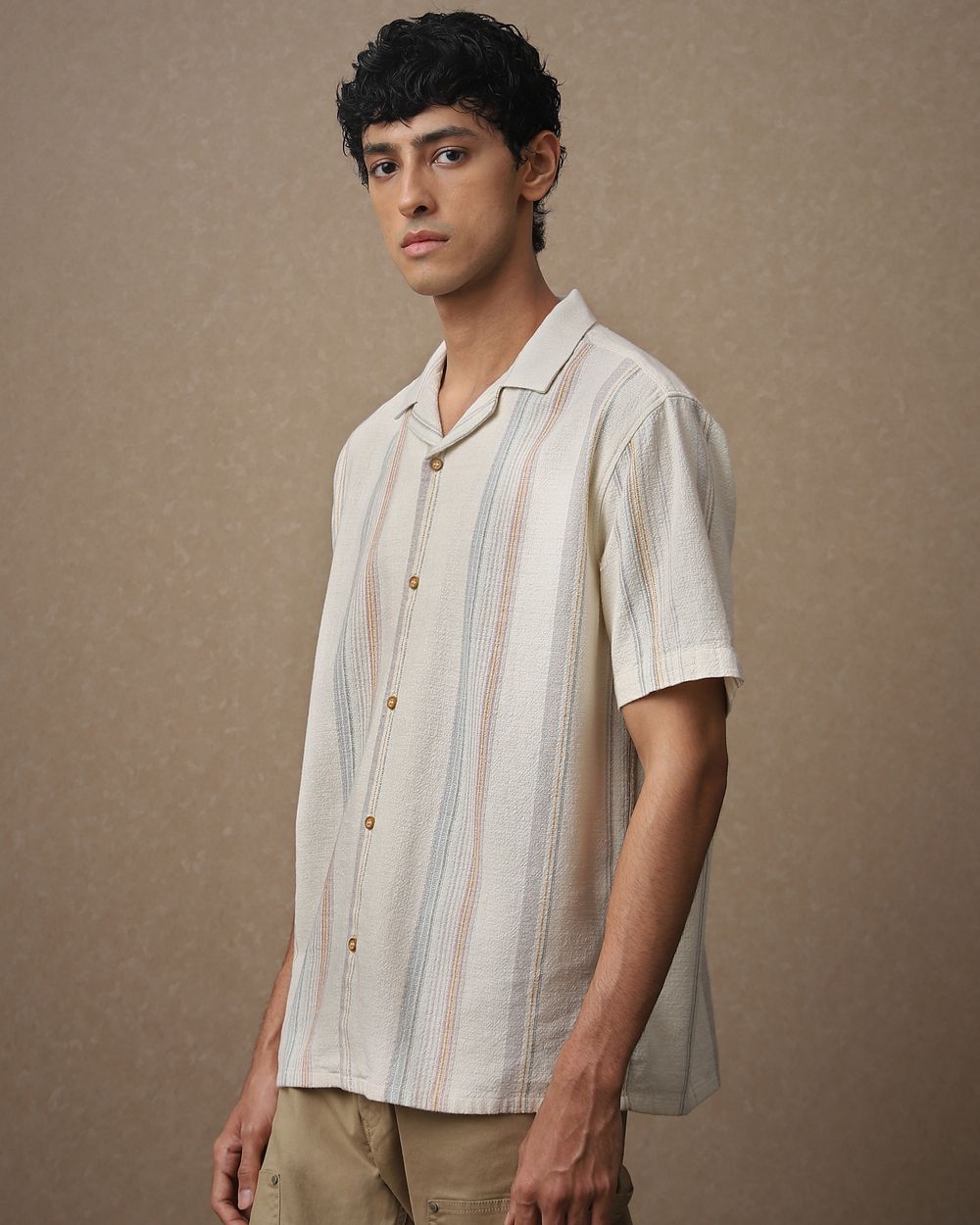 Off White Textured Stripe Loose Fit Casual Shirt
