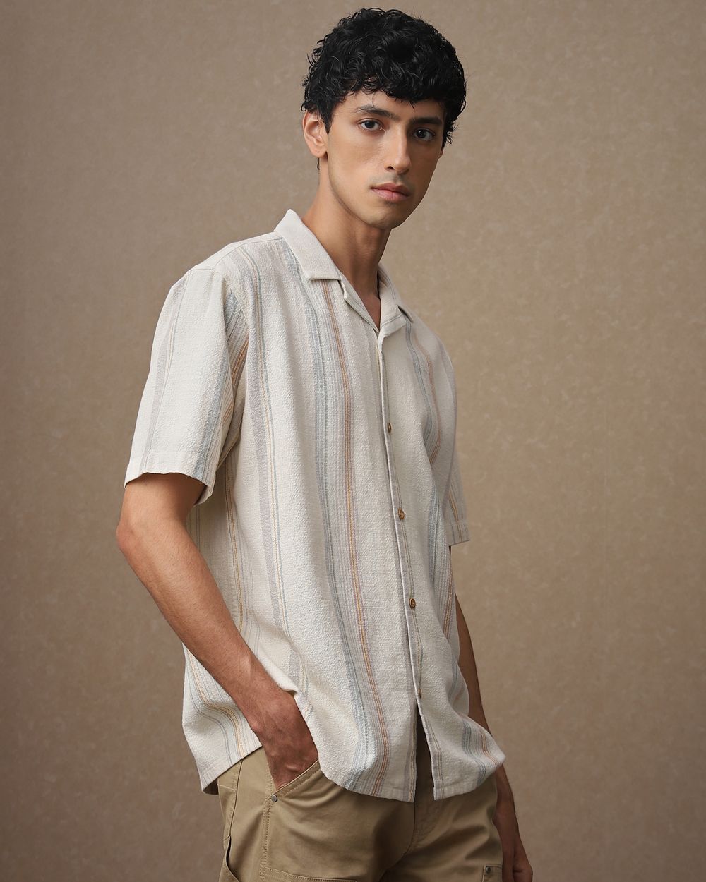 Off White Textured Stripe Loose Fit Casual Shirt