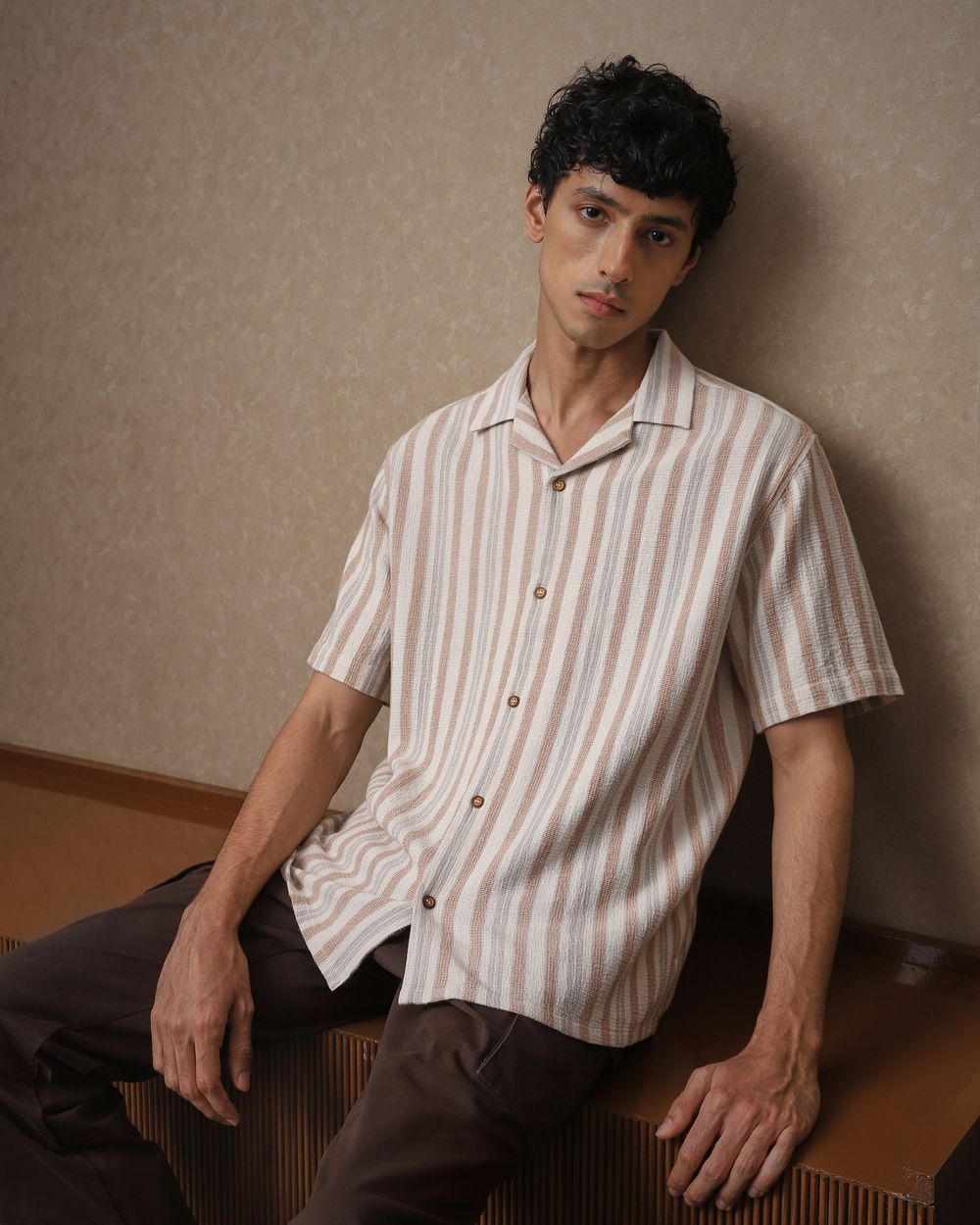 Pastel Pink Textured Stripe Loose Fit Casual Shirt