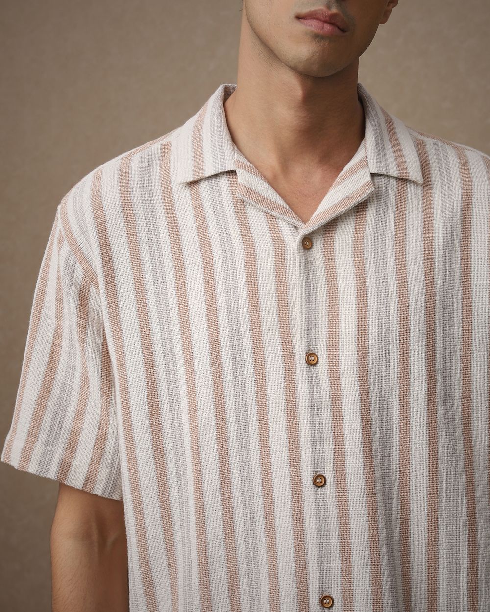 Pastel Pink Textured Stripe Loose Fit Casual Shirt