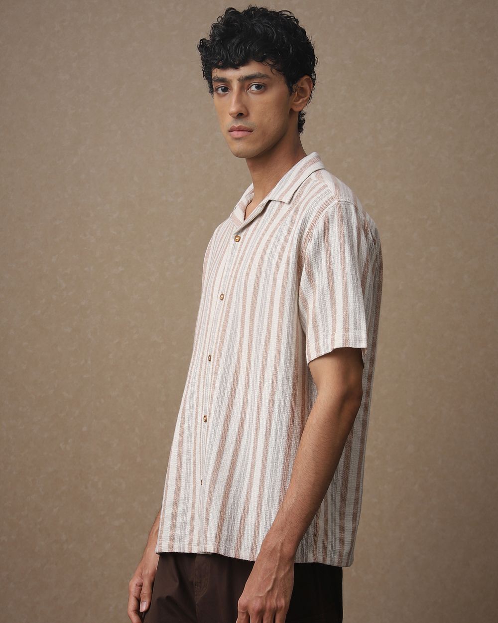 Pastel Pink Textured Stripe Loose Fit Casual Shirt