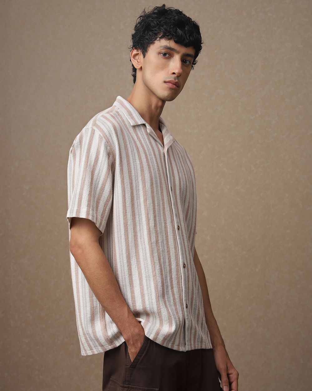 Pastel Pink Textured Stripe Loose Fit Casual Shirt