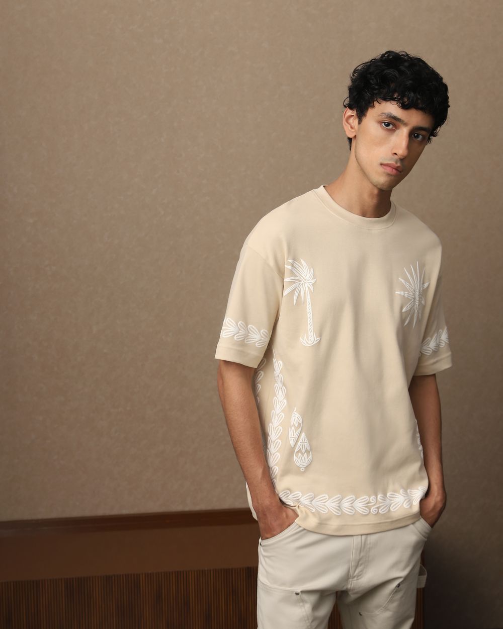 Beige Printed Oversized Loose Fit T-Shirt