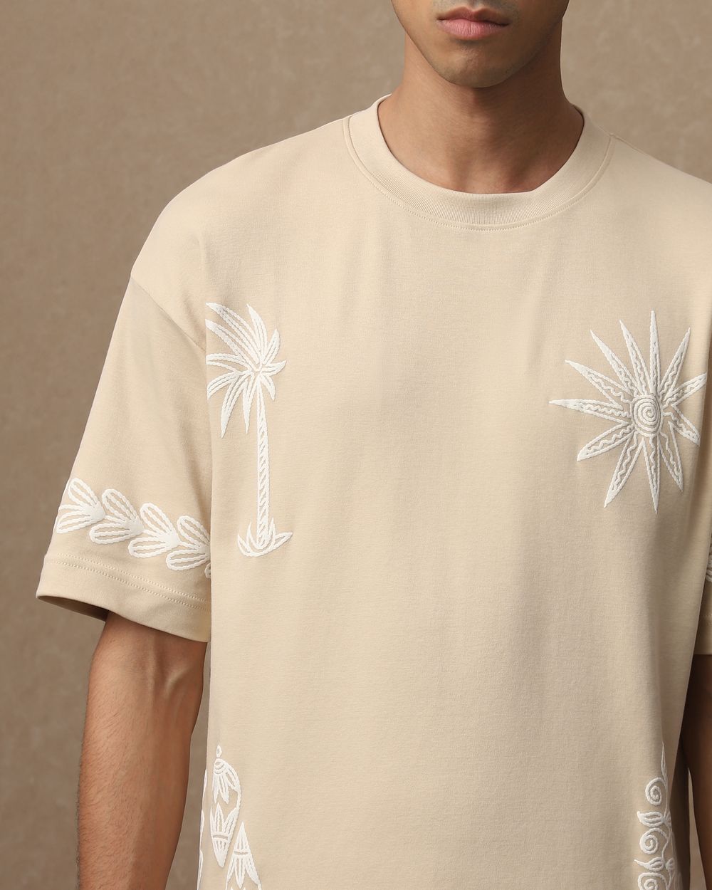 Beige Printed Oversized Loose Fit T-Shirt
