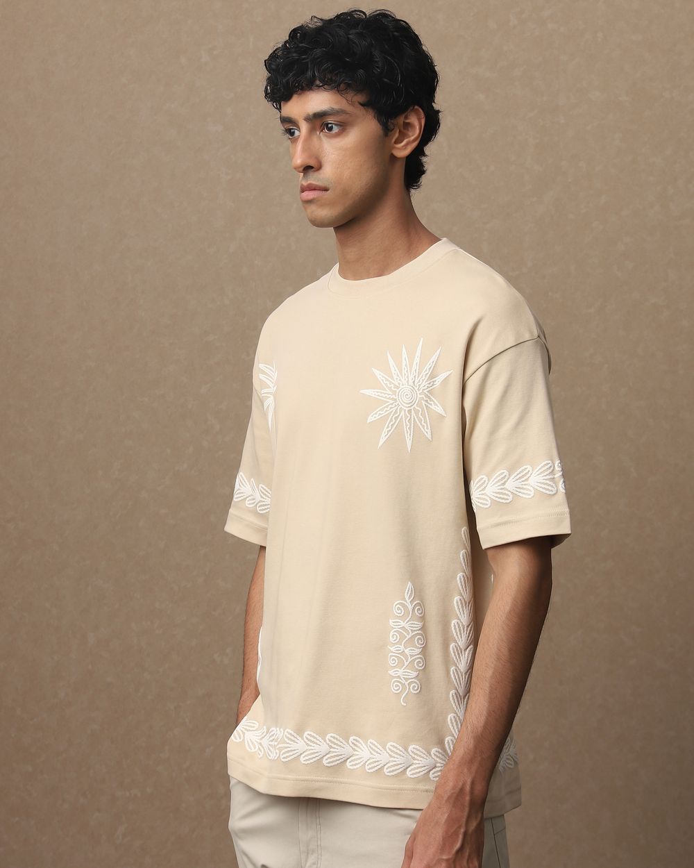 Beige Printed Oversized Loose Fit T-Shirt