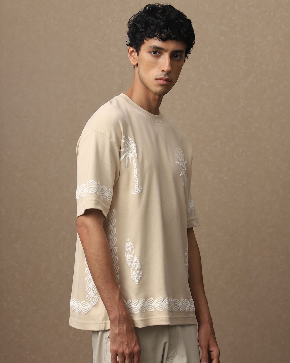 Beige Printed Oversized Loose Fit T-Shirt