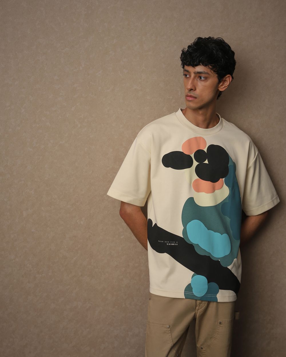 Beige Abstract Print Loose Fit Oversized Tee