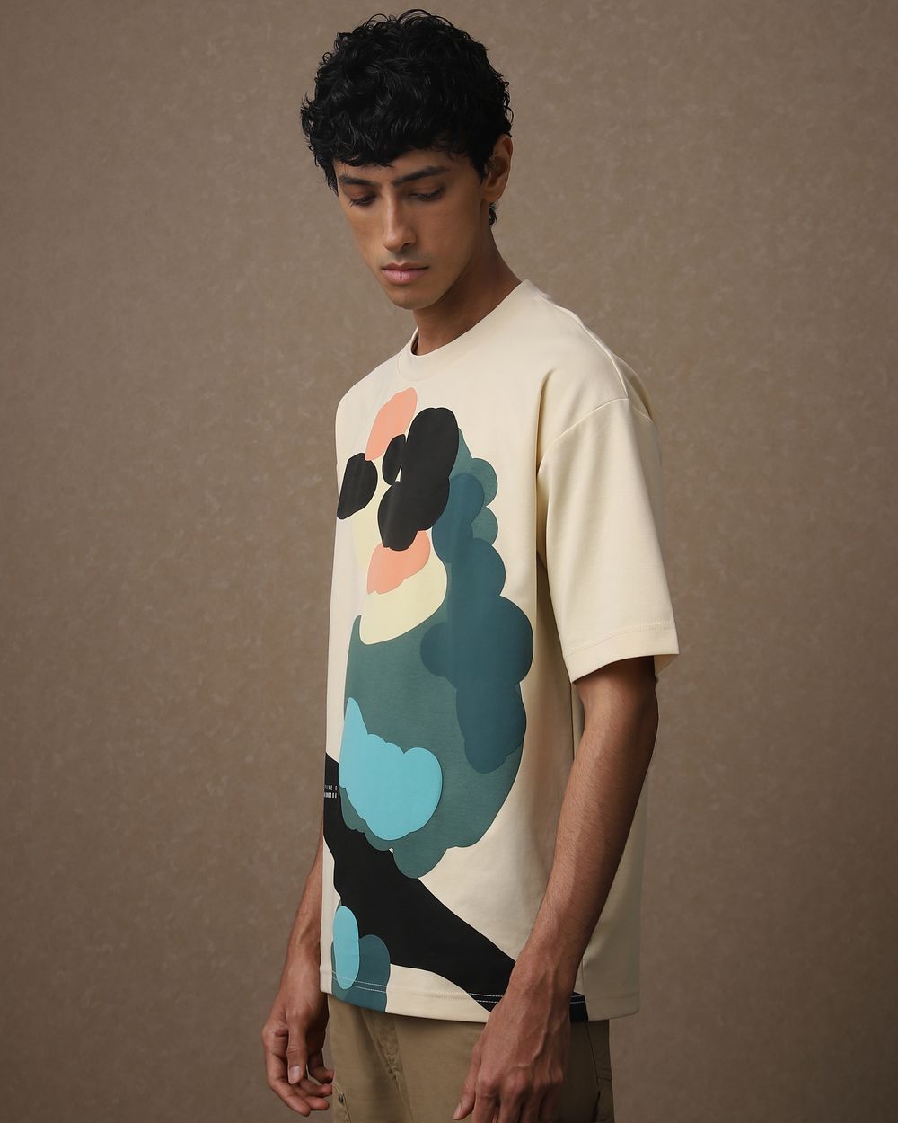 Beige Abstract Print Loose Fit Oversized Tee