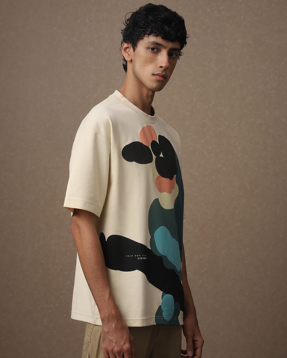 Beige Abstract Print Loose Fit Oversized Tee