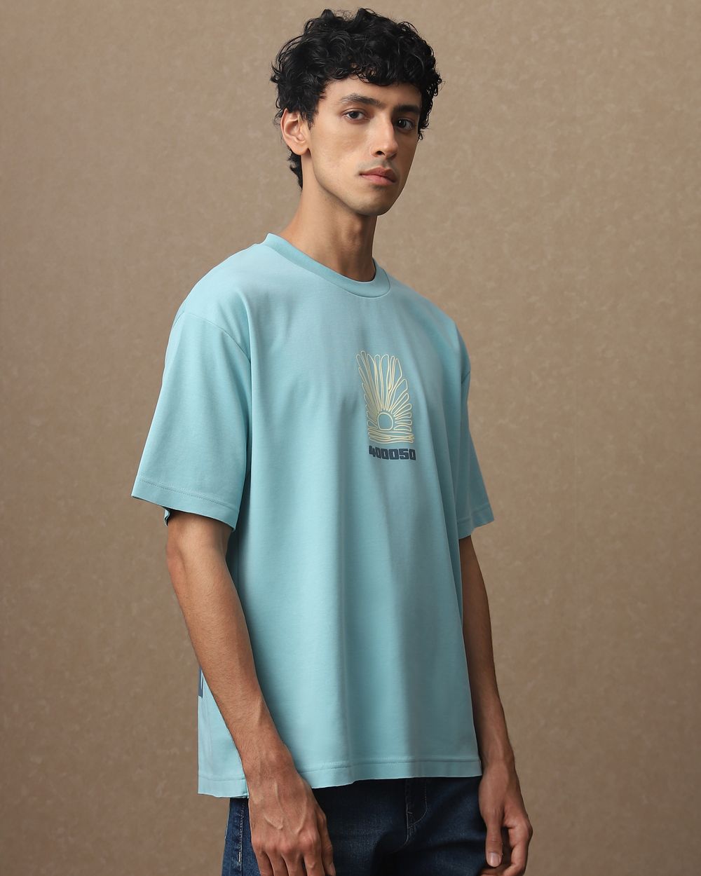 Teal Back Print Oversized Loose Fit Tee