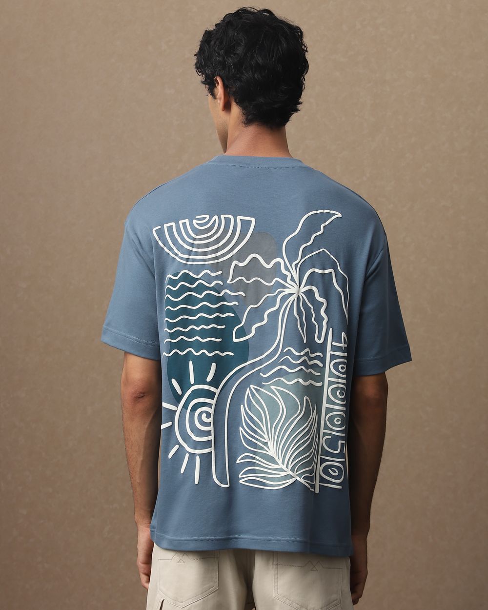 Blue Grey Back Print Oversized Loose Fit Tee