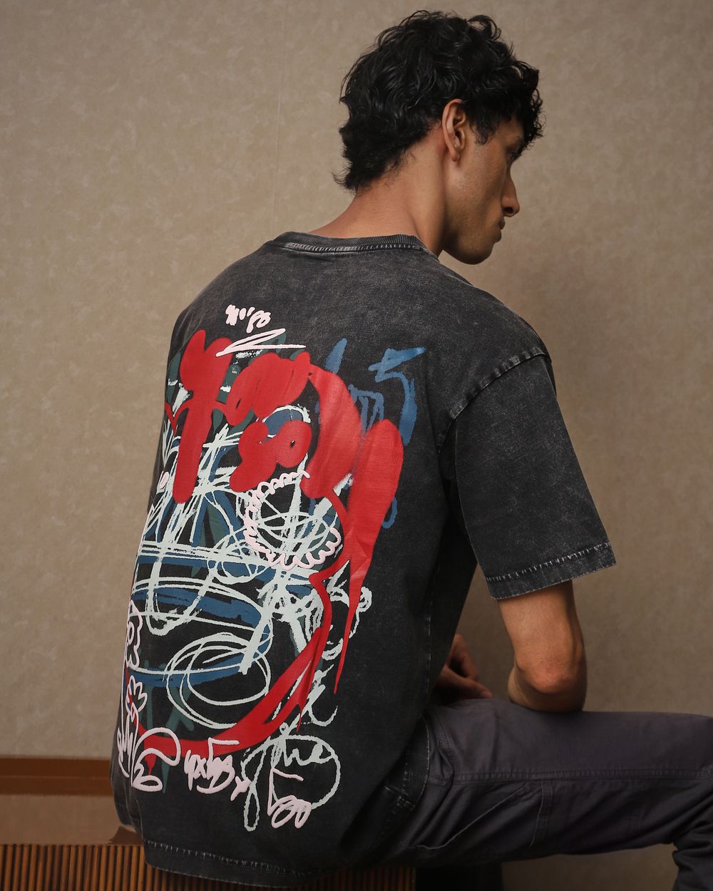 Black Back Print Oversized Loose Fit Tee