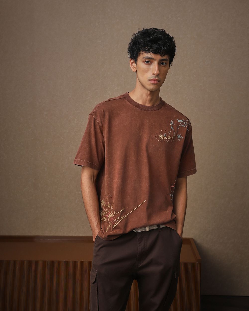 Brown Acid Washed Oversized Loose Fit Tee