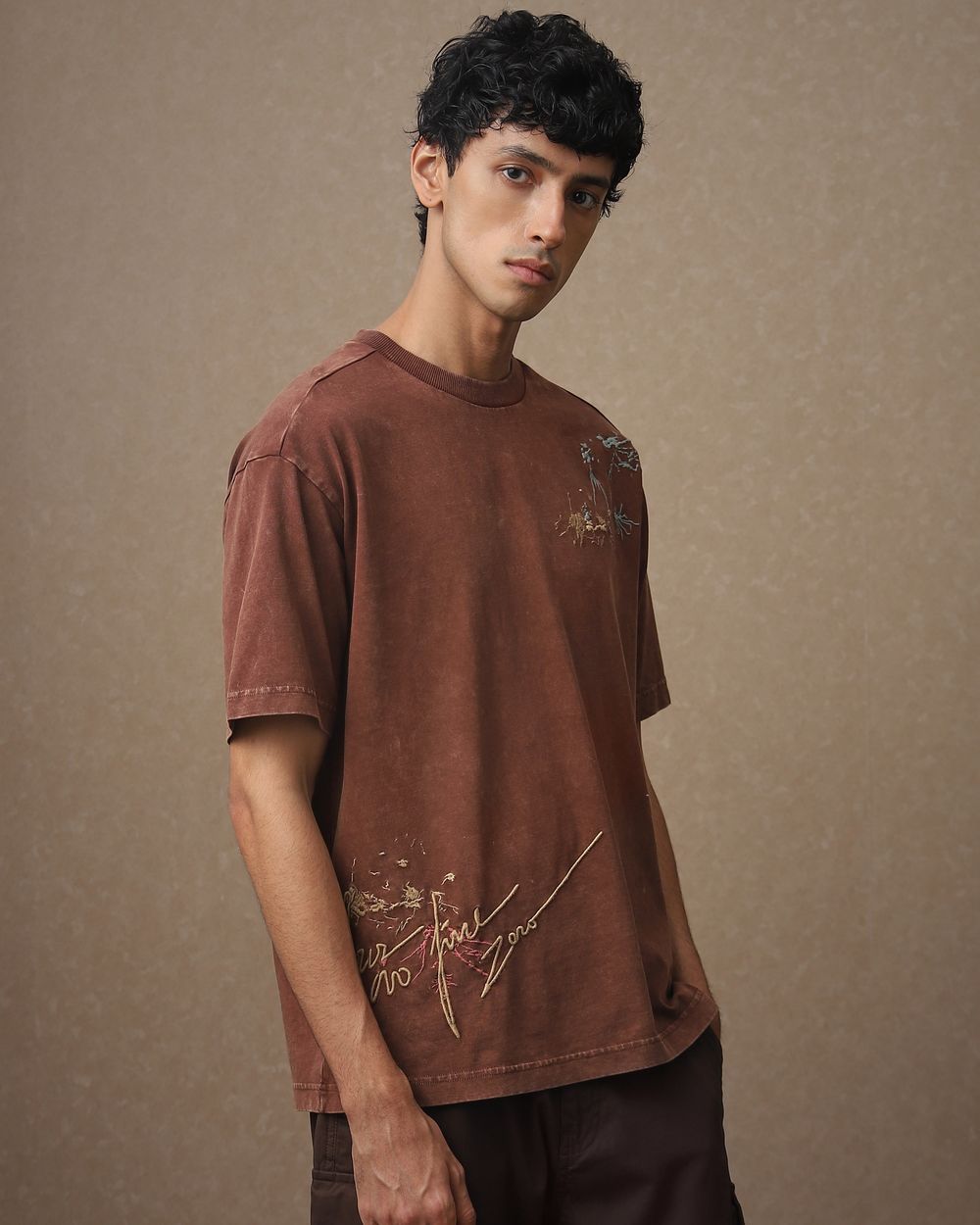 Brown Acid Washed Oversized Loose Fit Tee
