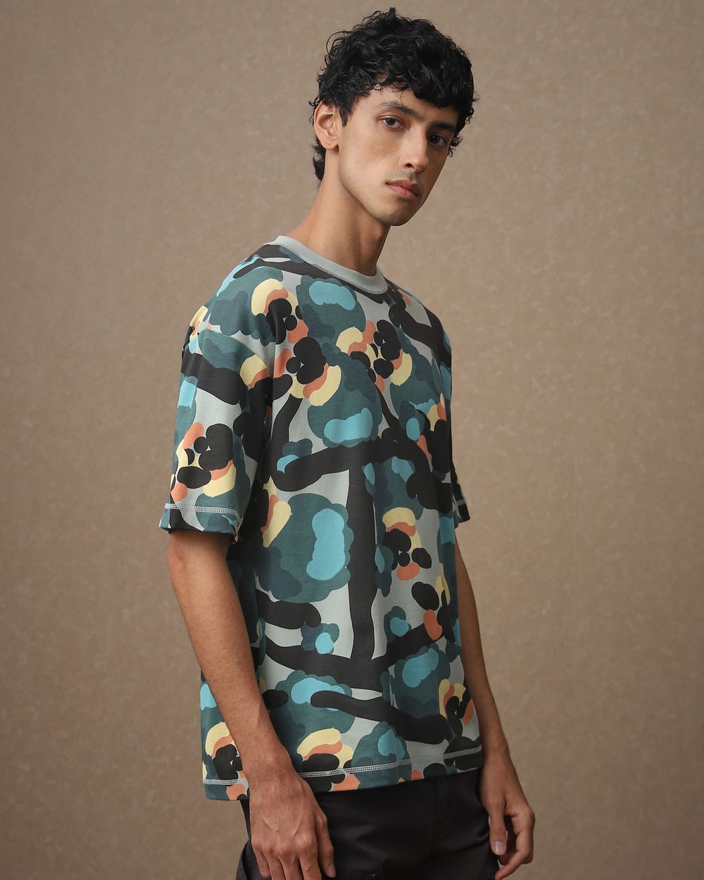 Olive Abstract Print Oversized Loose Fit Tee