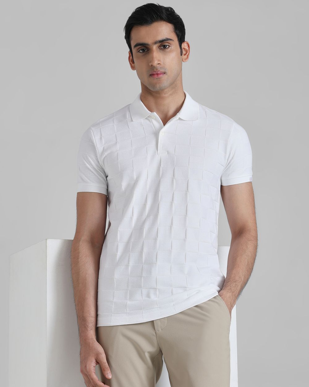 White Jacquard Plain Slim Fit T-Shirt