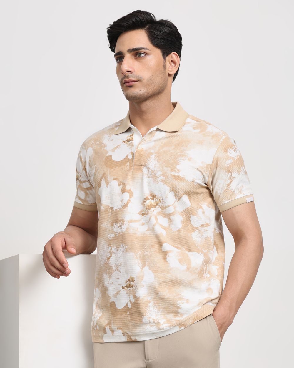 Beige Floral Print Slim Fit T-Shirt