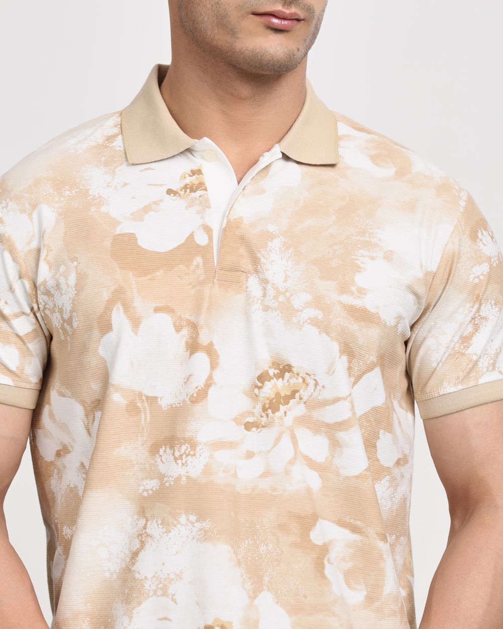 Beige Floral Print Slim Fit T-Shirt