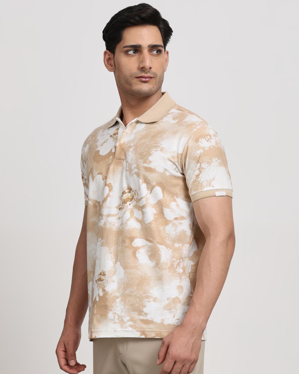 Beige Floral Print Slim Fit T-Shirt