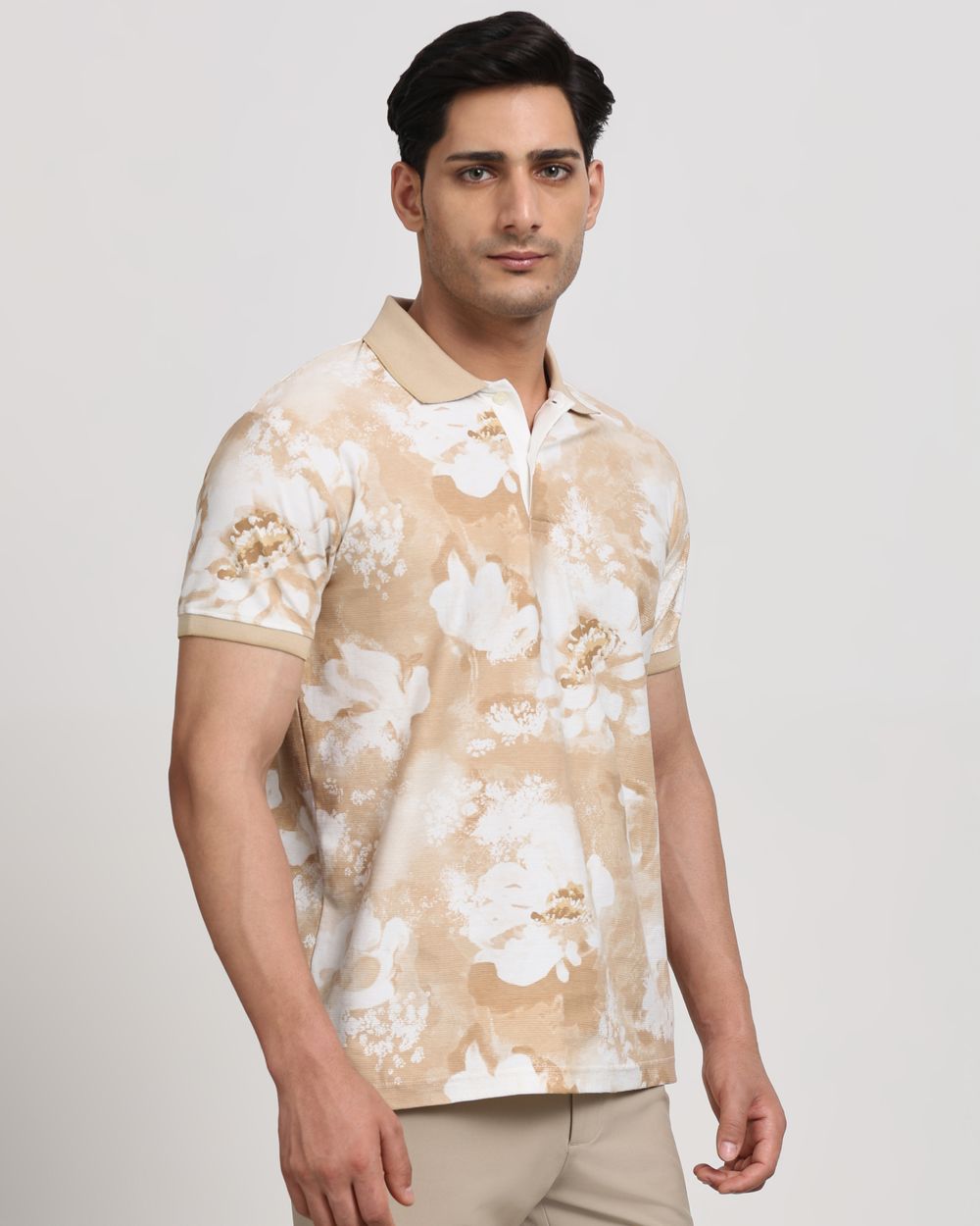 Beige Floral Print Slim Fit T-Shirt