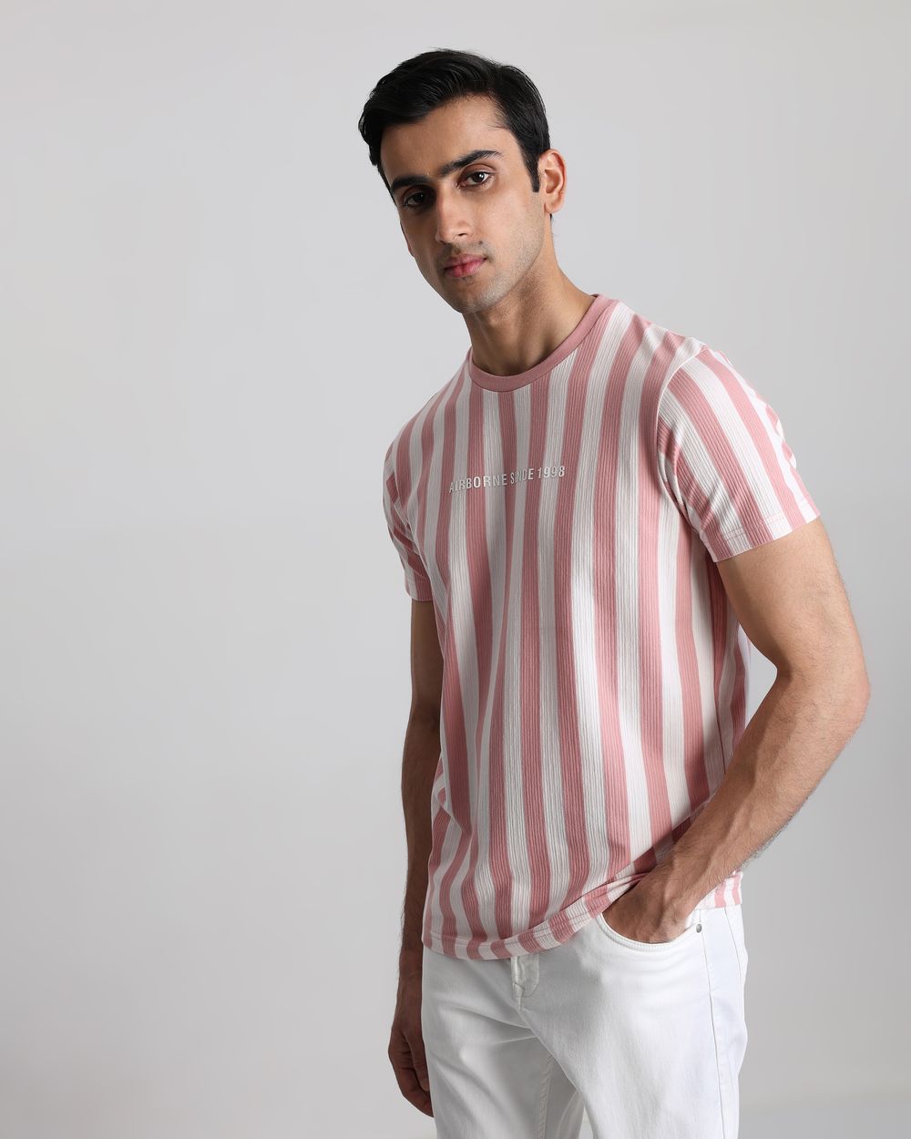 Pink Textured Stripe Slim Fit T-Shirt