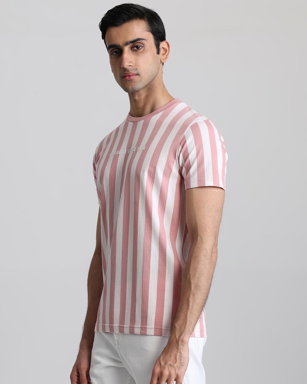 Pink Textured Stripe Slim Fit T-Shirt