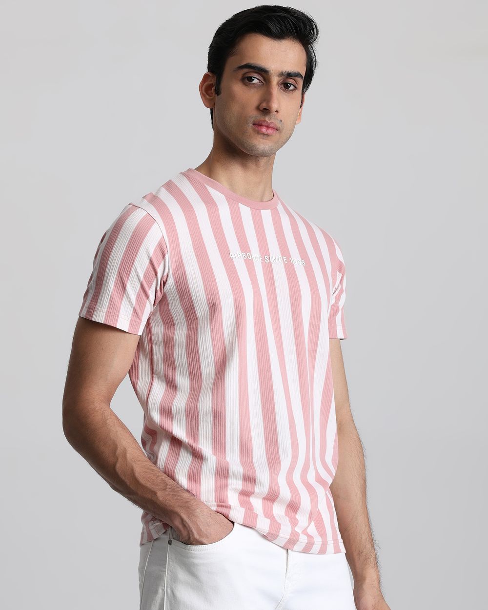 Pink Textured Stripe Slim Fit T-Shirt