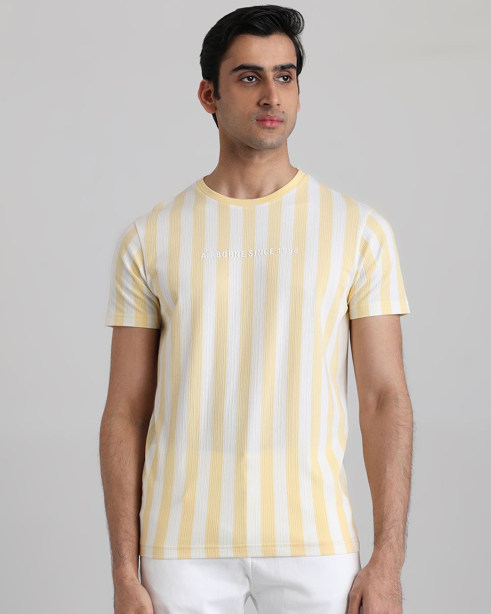 Yellow Textured Stripe Slim Fit T-Shirt