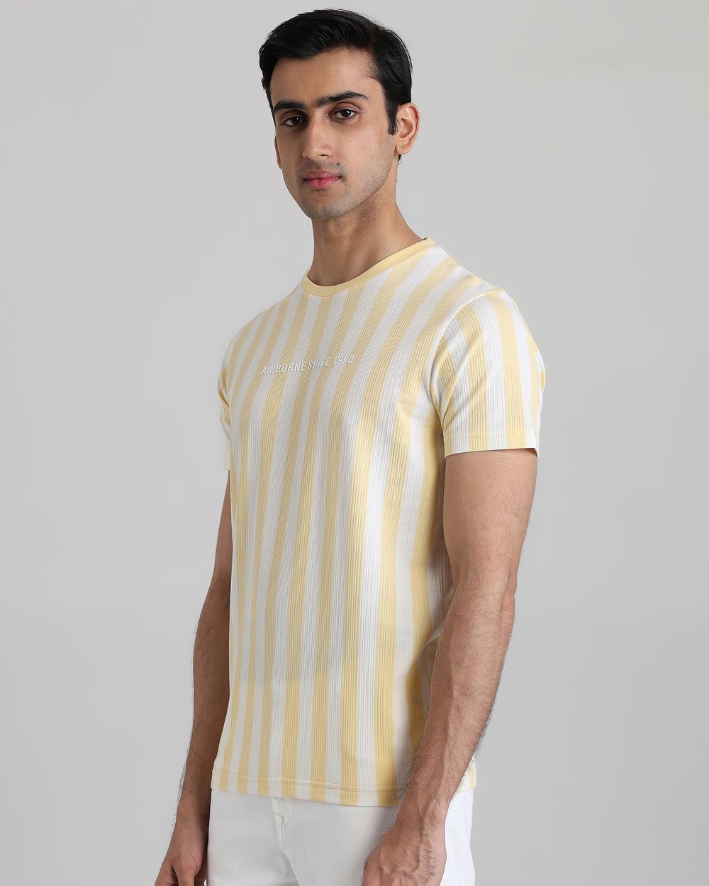 Yellow Textured Stripe Slim Fit T-Shirt