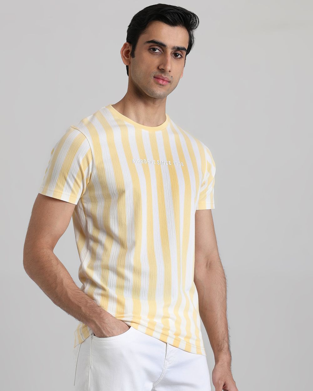 Yellow Textured Stripe Slim Fit T-Shirt