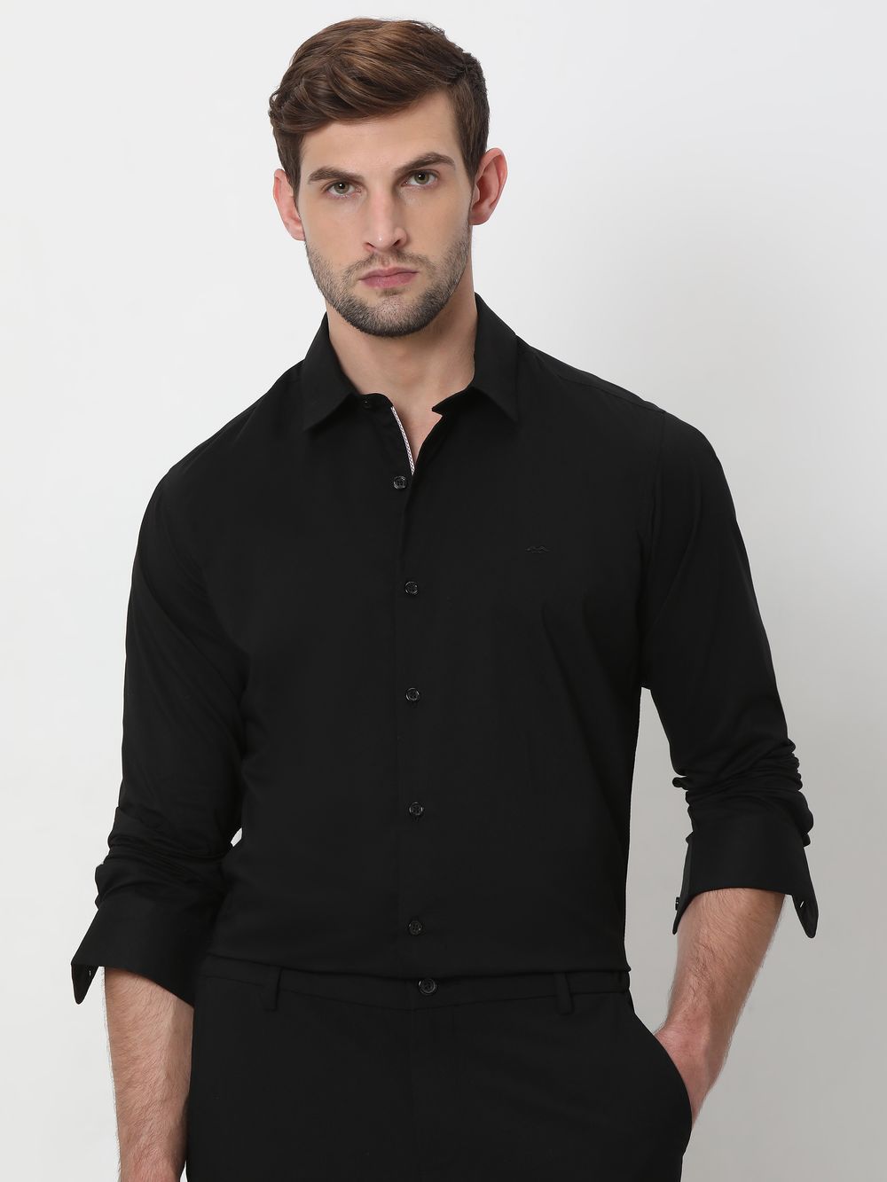Black Stretch Plain Slim Fit Casual Shirt
