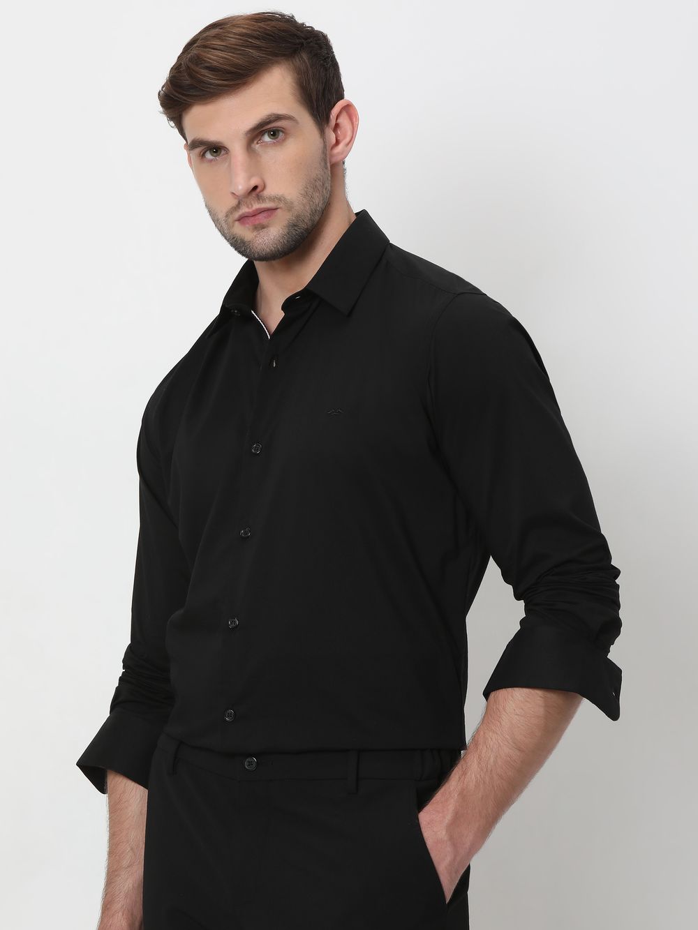 Black Stretch Plain Slim Fit Casual Shirt